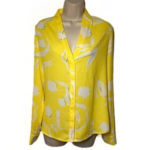 Halogen Yellow Floral Print Blouse V-Neck Button Front Long Sleeve Career Office